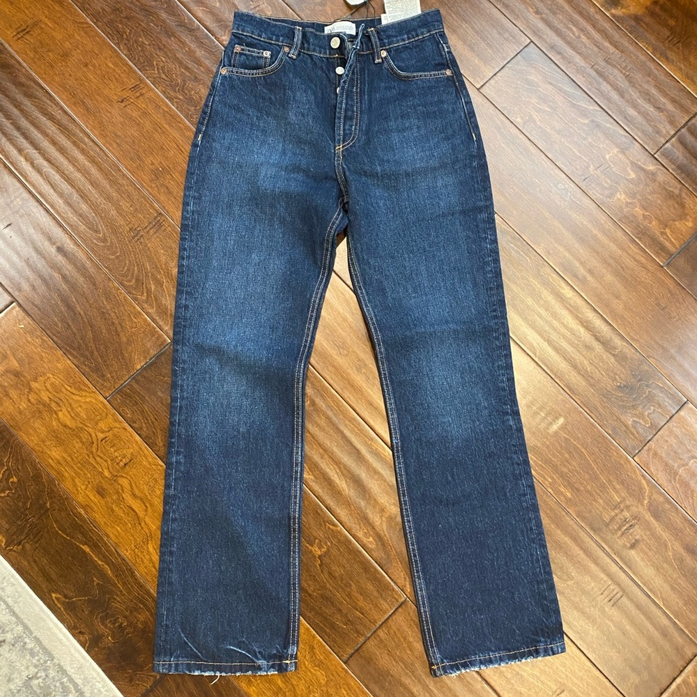 NWT Zara dark wash high rise button fly straight leg jeans -2